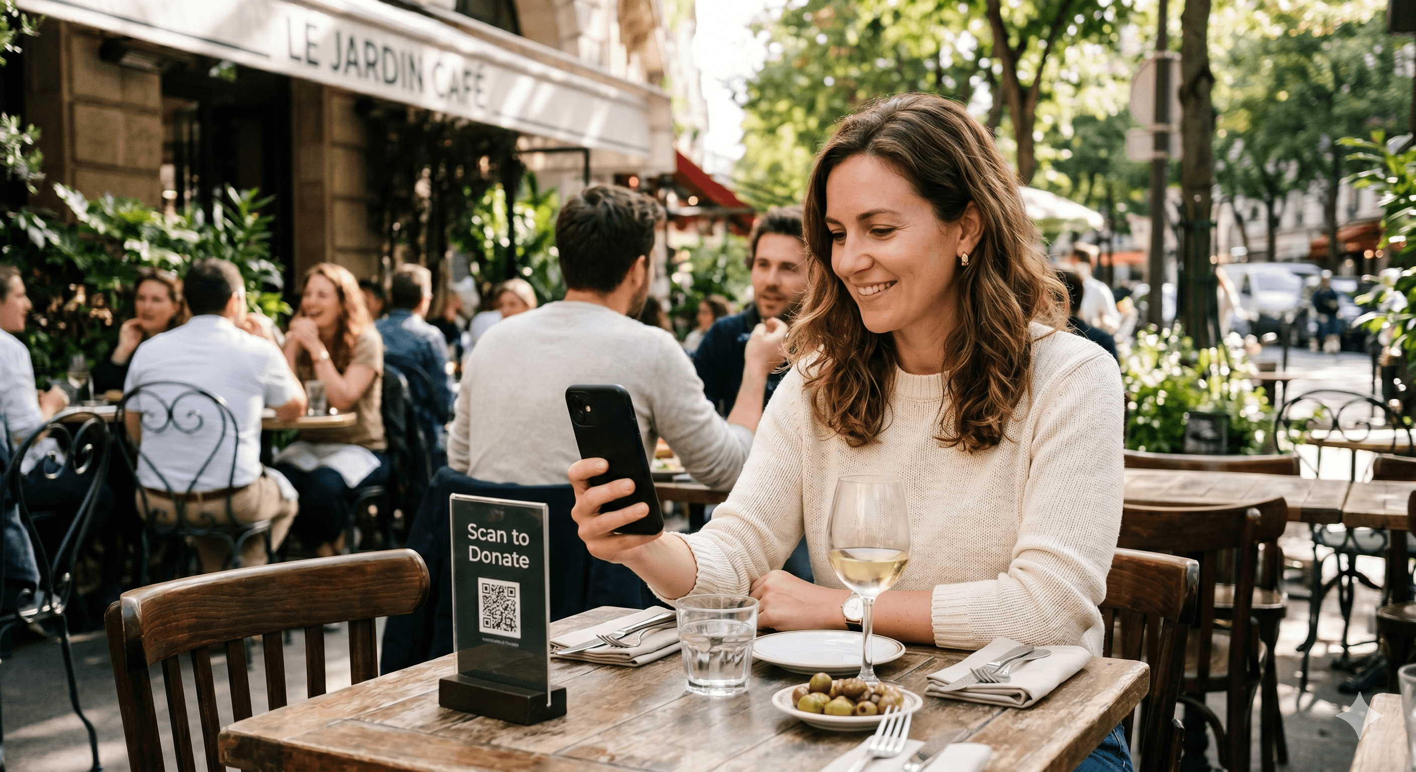 A customer scanning a QR code at a restaurant table